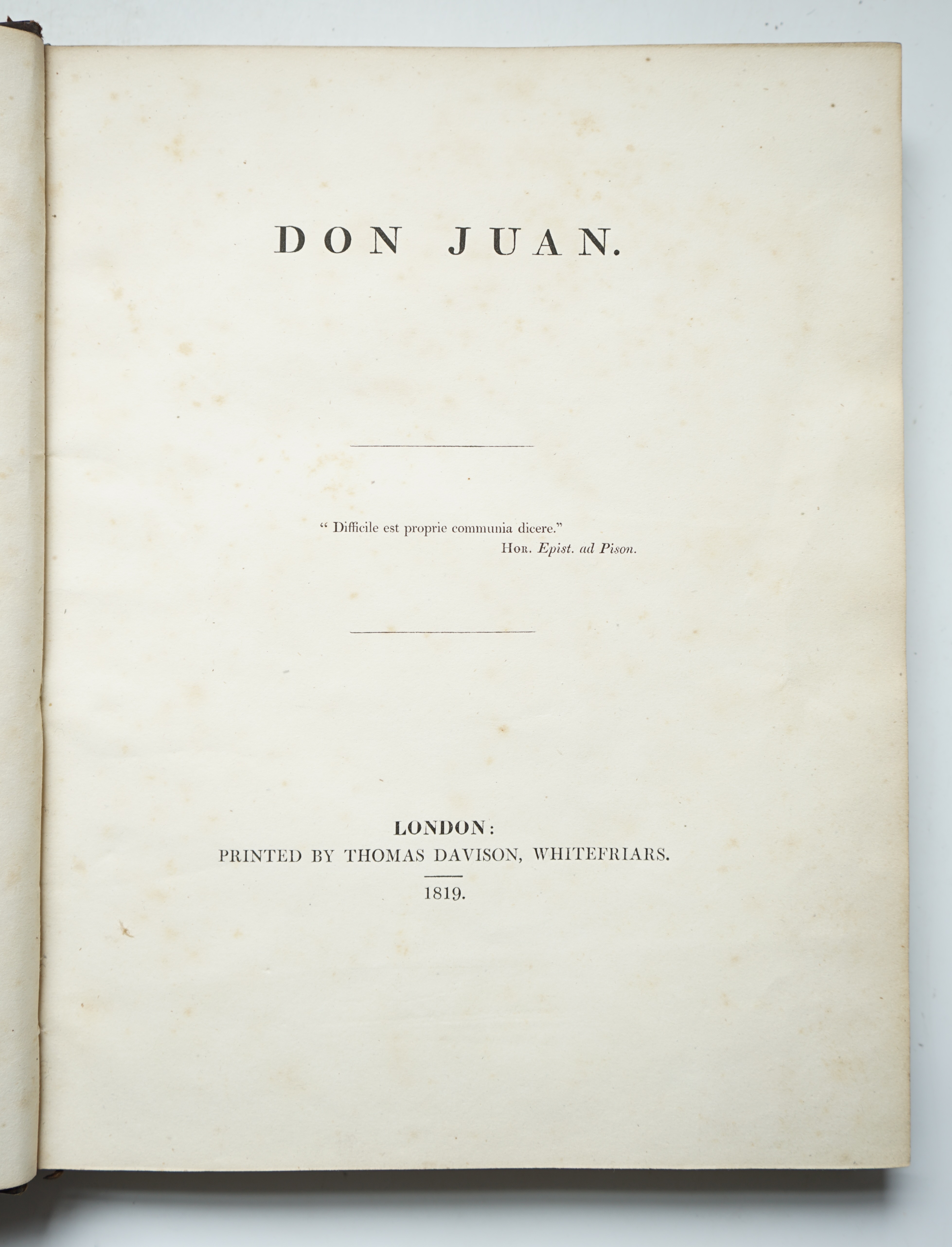 Byron, George Gordon Noel, Lord - Don Juan, Cantos 1 & 2, 1st edition, 4to, half calf with marbled boards, Thomas Davison, Whitefriars, [for John Murray], London, 1819.